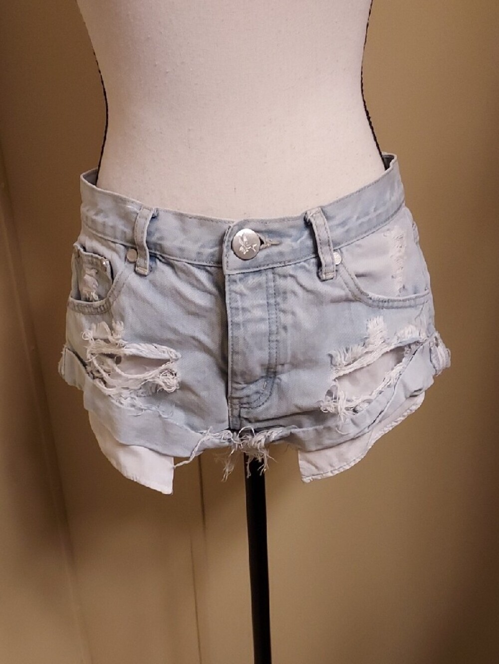 One Teaspoon Light Blue Distressed Denim Shorts